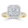 A gold ring with a large square diamond center, double halo of smaller diamonds, and a diamond-studded band.