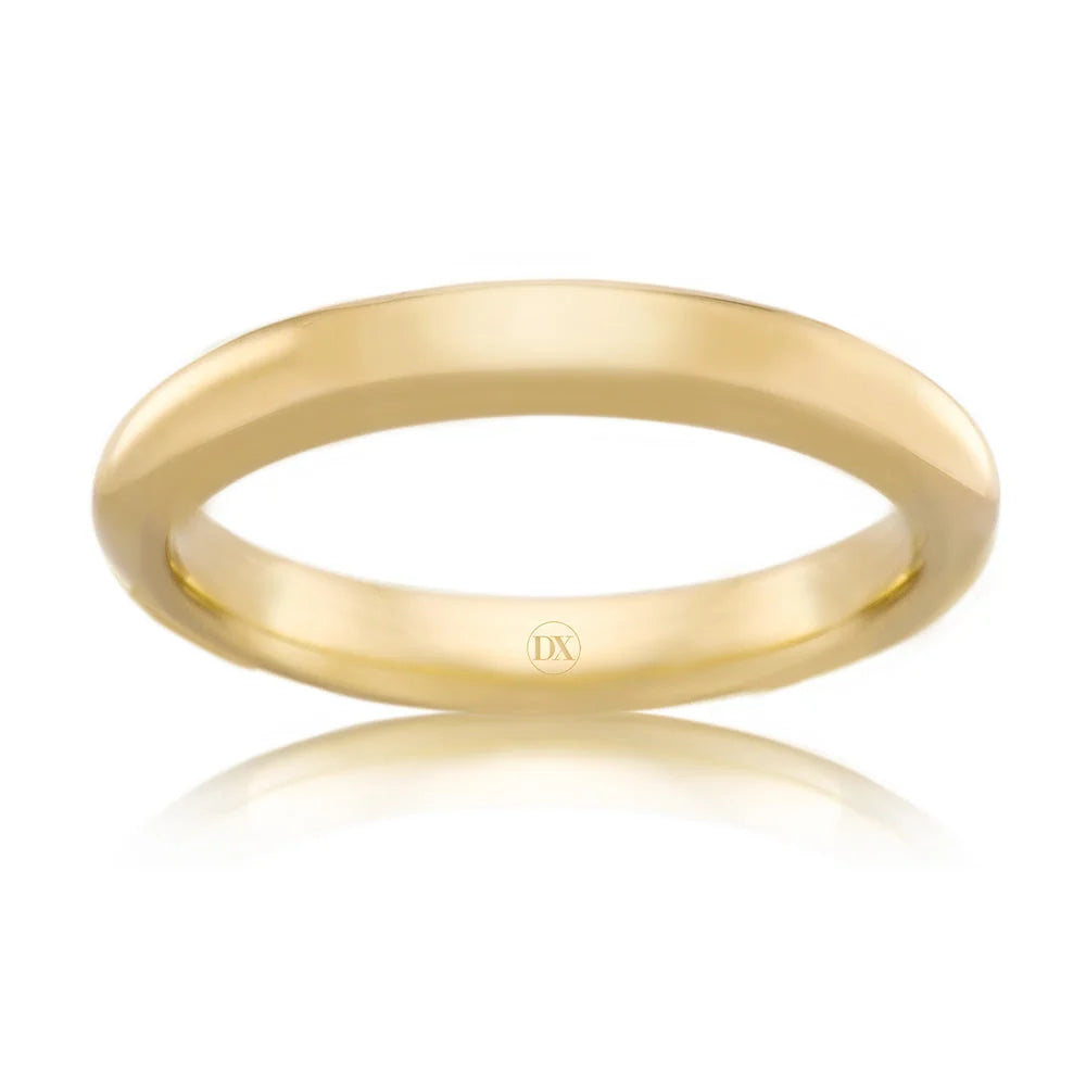 A simple, polished yellow gold ring with a smooth, slightly curved band on a white background.