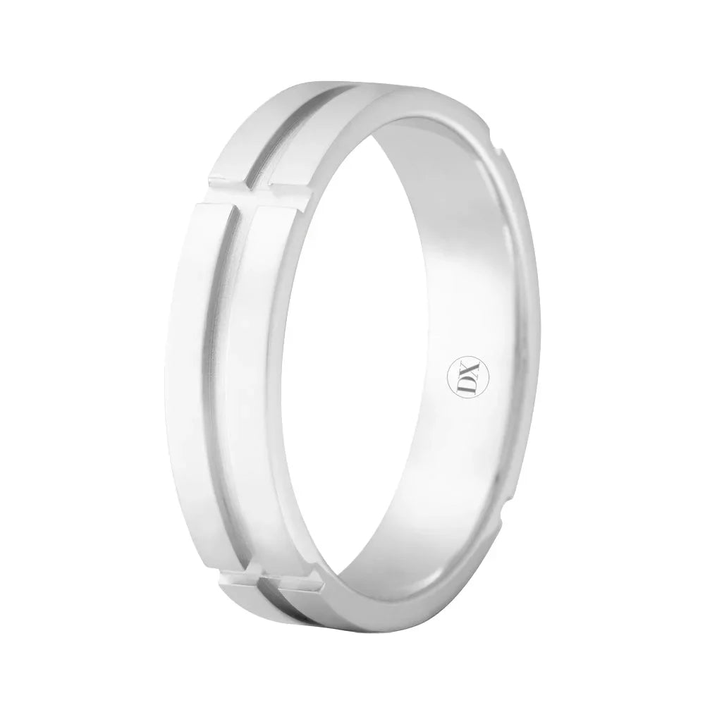 Silver ring with a matte finish and two parallel grooves running along its outer surface, on a white background.