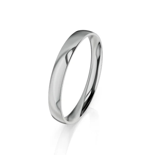A simple, polished silver ring with a smooth, shiny surface, shown on a plain white background.