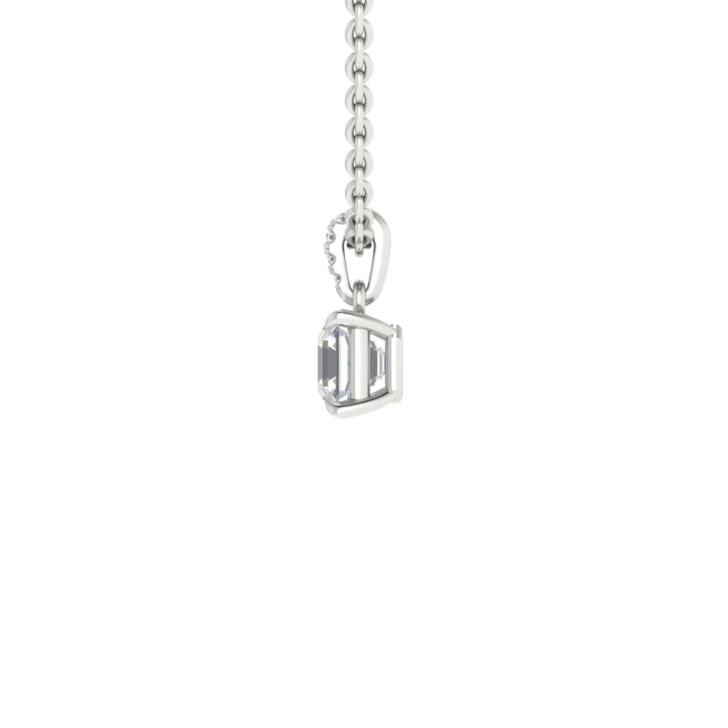Silver chain with a rectangular, clear gemstone pendant set in a minimalist metal frame on a white background.