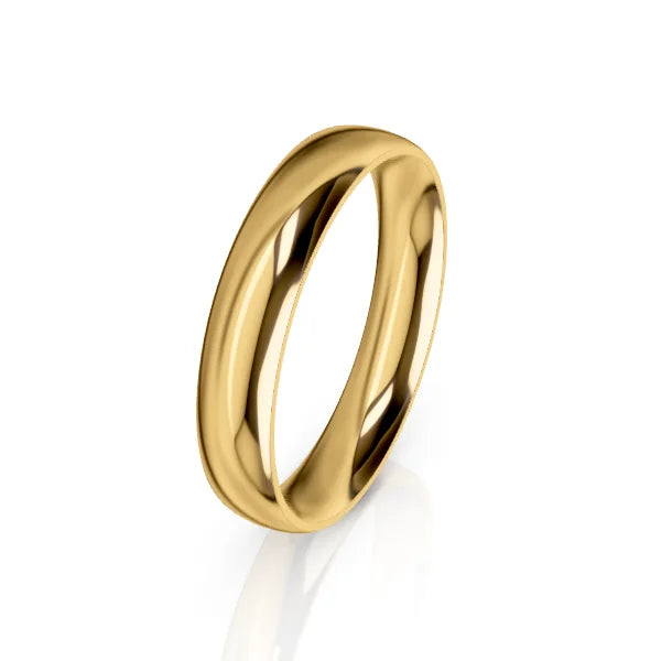 A plain, polished yellow gold band ring displayed on a white background with a glossy reflection.