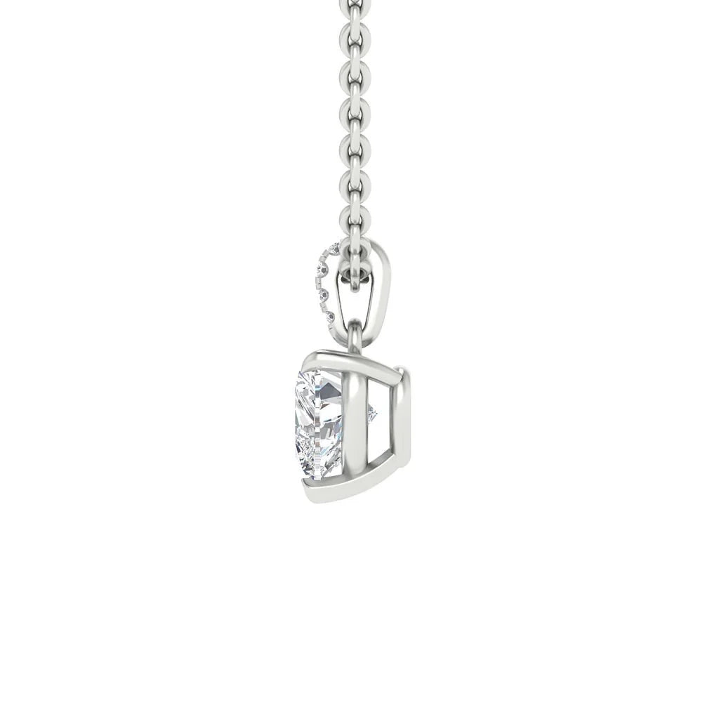 A silver chain holds a solitaire diamond pendant in a modern, open-sided metal setting on a white background.