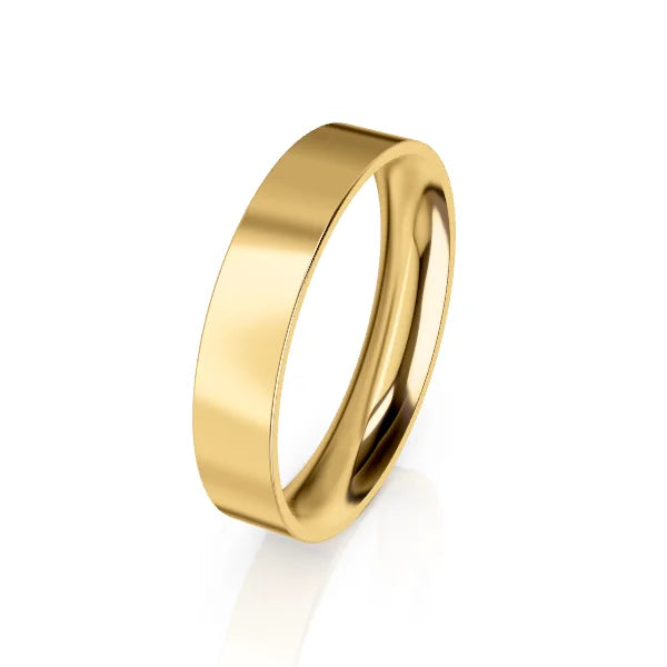 A simple, polished gold band ring is displayed on a plain white background.