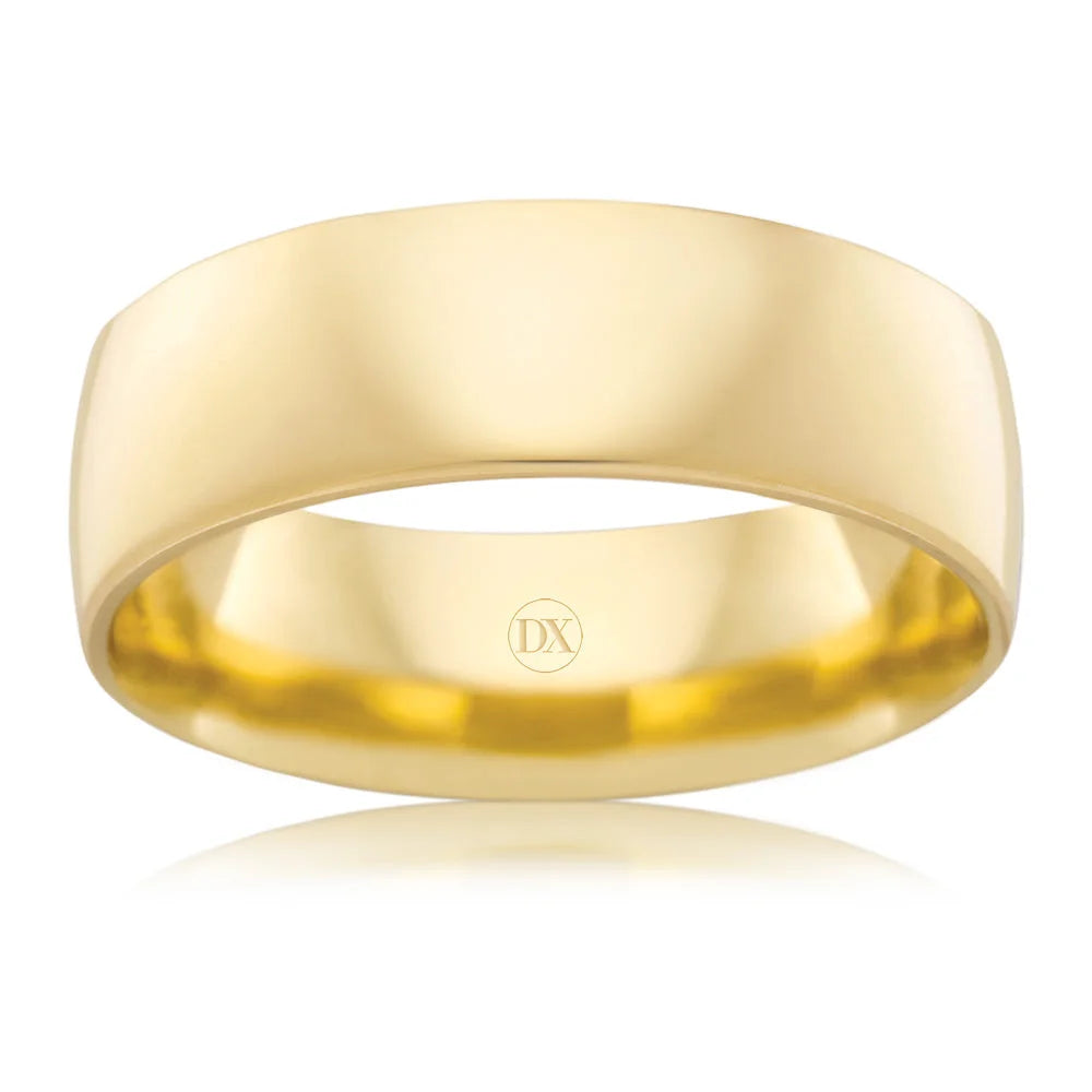 Shiny yellow gold wedding band with a smooth, flat surface and rounded edges on a white background.