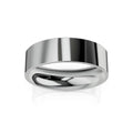 Simple, polished silver metal band ring with a smooth, reflective surface on a white background.
