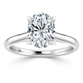 A solitaire diamond ring with an oval-cut diamond set on a simple, polished white gold band.