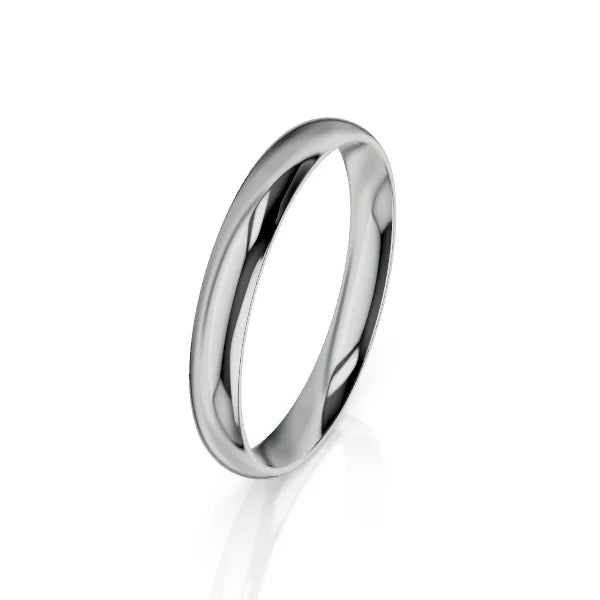 Simple, polished silver wedding band with a smooth, rounded surface on a white background.