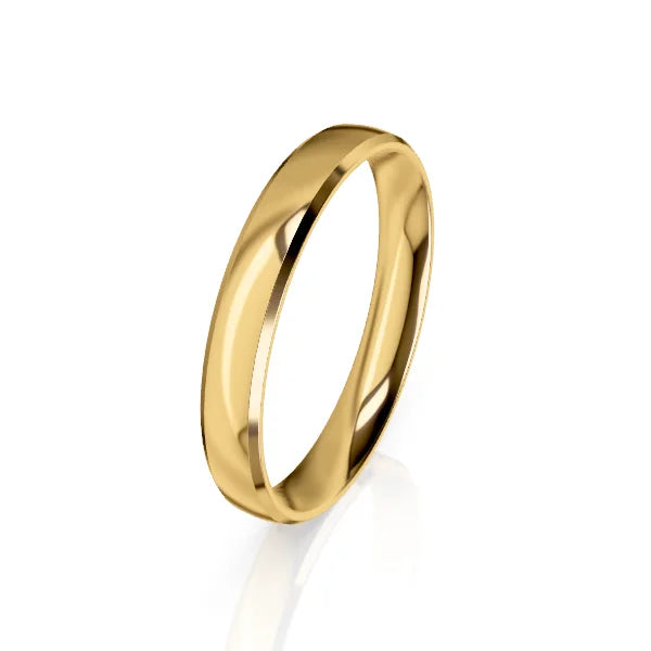 A simple, polished gold band ring displayed against a plain white background.