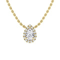 Gold chain necklace with a pear-shaped diamond pendant, surrounded by smaller diamonds, on a white background.