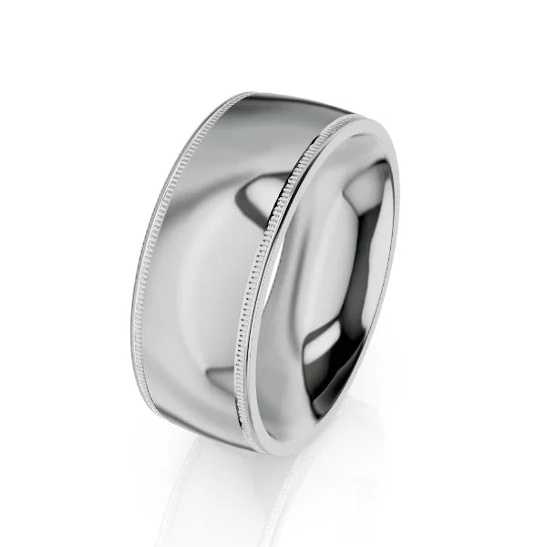 A polished silver ring with a smooth surface and fine beaded edges, set against a white background.