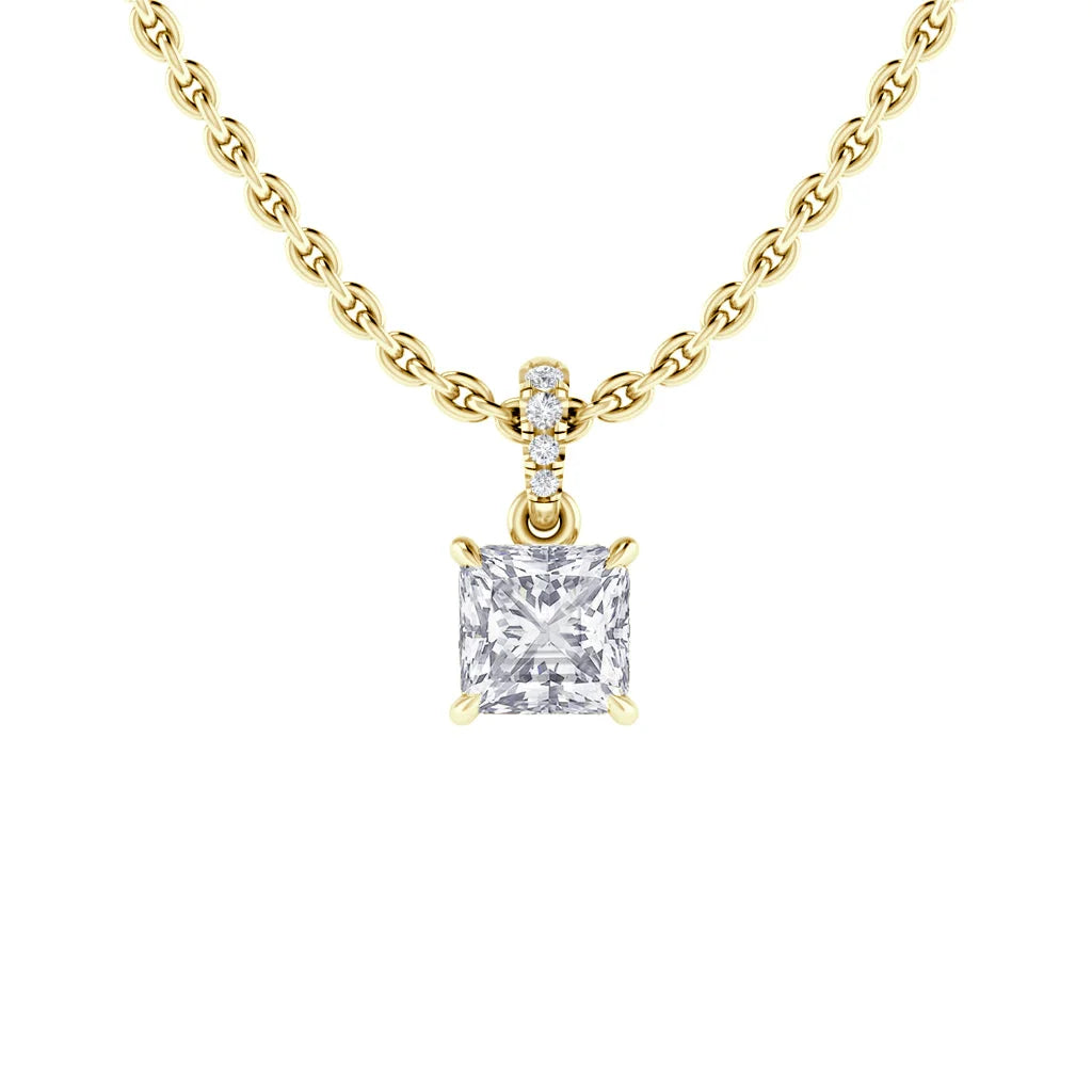 Gold chain necklace with a square diamond pendant and small diamonds on the bail, shown on a white background.