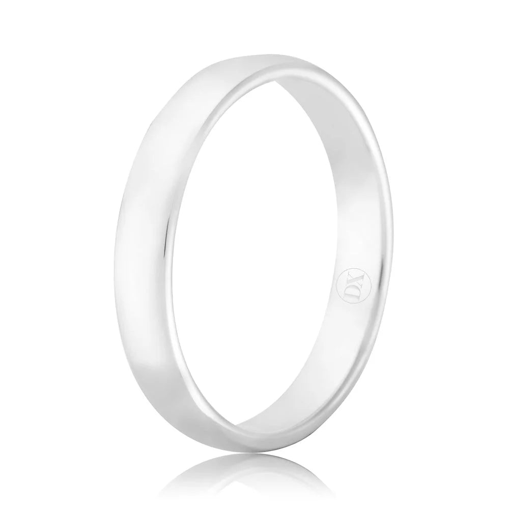 A simple, polished silver band ring with a smooth finish and a small engraved logo on the inner side.