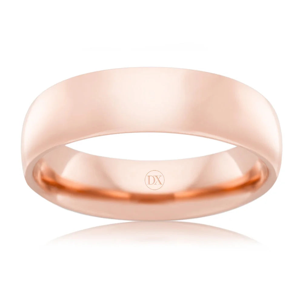 A plain, polished rose gold band ring with a smooth, shiny finish, viewed from the front against a white background.