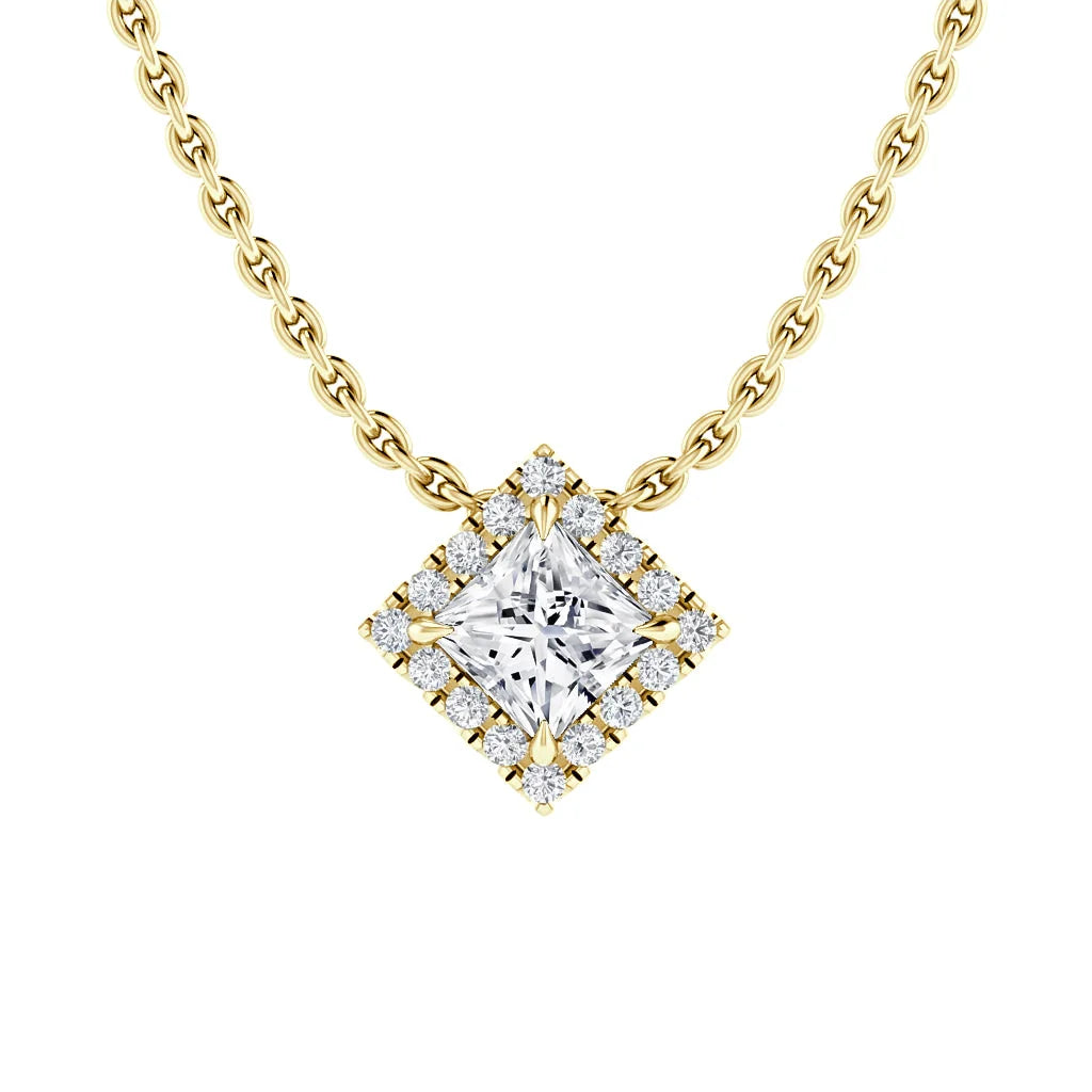 Gold chain necklace with a square diamond pendant, surrounded by smaller diamonds, on white background.
