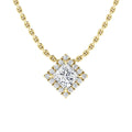 Gold chain necklace with a square diamond pendant, surrounded by smaller diamonds, on white background.