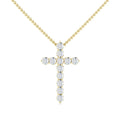Gold beaded chain necklace with a cross pendant made of round, sparkling clear gemstones.
