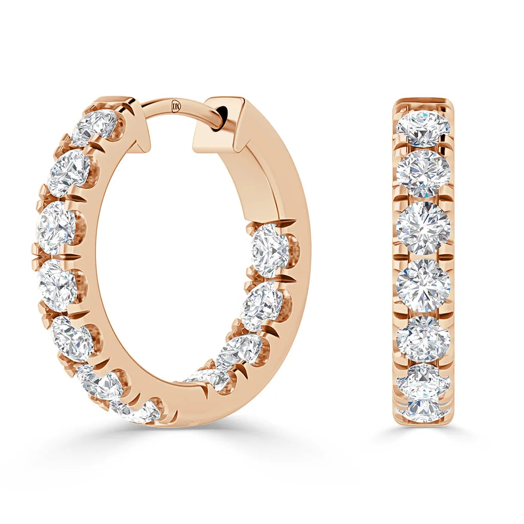 Rose gold hoop earrings set with round white diamonds in a shared prong setting, shown from front and side.