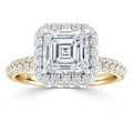 Gold ring with a square-cut diamond center, haloed by smaller diamonds and a diamond-encrusted band.