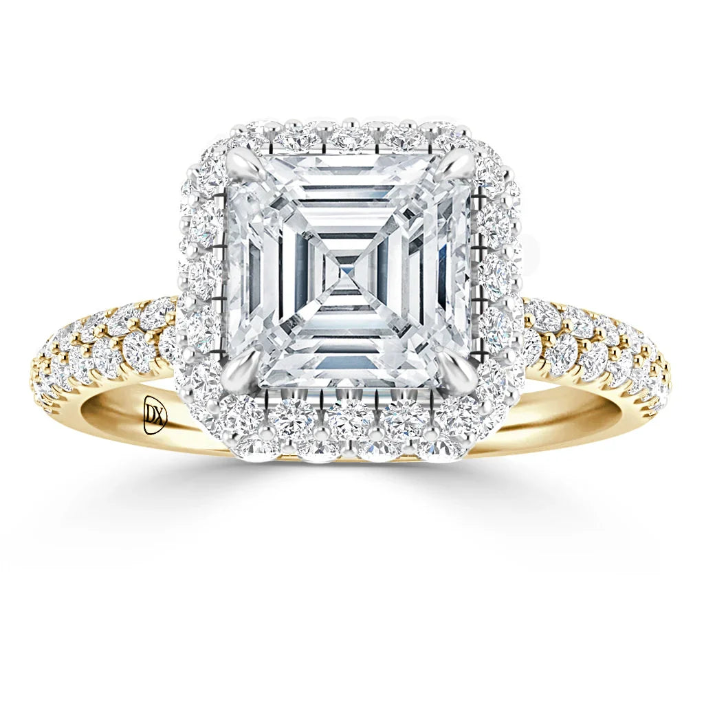Gold ring with a square-cut diamond center, haloed by smaller diamonds and a diamond-encrusted band.