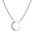 Silver chain necklace with a G pendant, half adorned with small, sparkling clear stones.