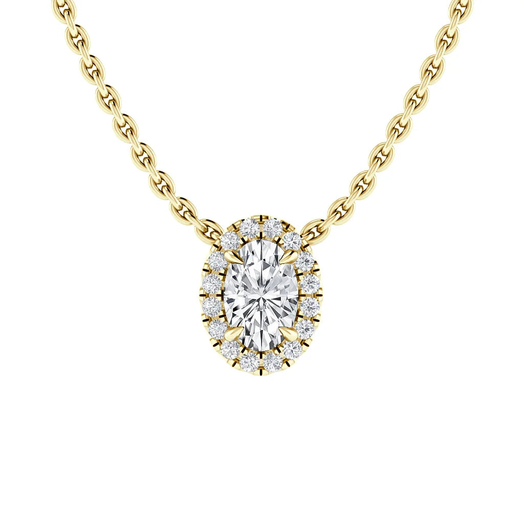 Oval diamond pendant with a halo of smaller diamonds on a gold chain, shown on a white background.