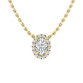 Oval diamond pendant with a halo of smaller diamonds on a gold chain, shown on a white background.