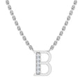 Silver chain necklace with a letter B pendant, half encrusted with small sparkling gemstones.