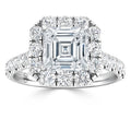 Asscher-cut diamond ring with a diamond halo and pavé band set in platinum, shown from the front.