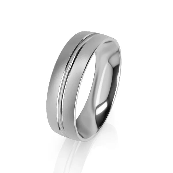 A silver band ring with a matte finish and a single polished groove around the center.