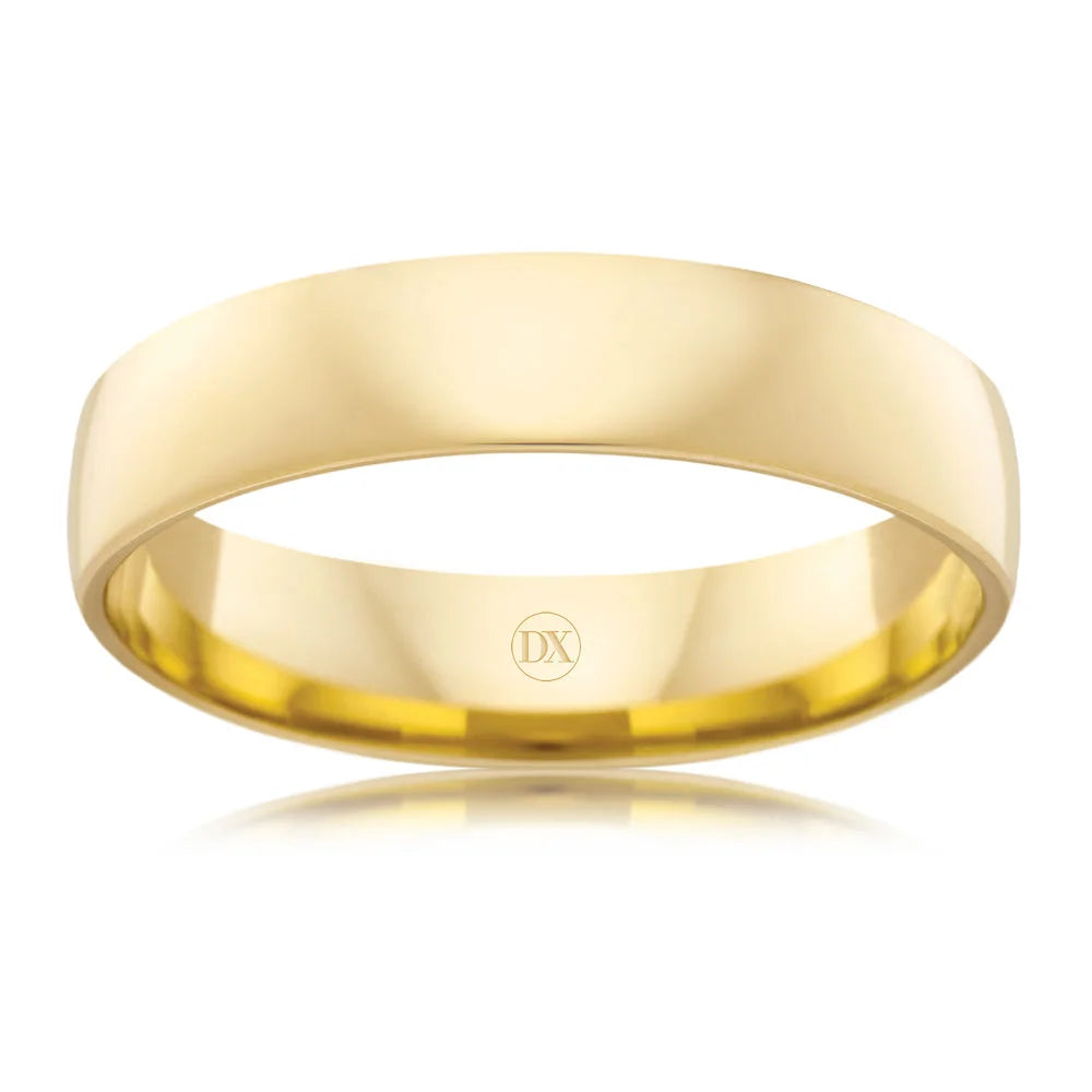 Simple, polished yellow gold wedding band with a smooth finish on a plain white background.