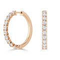 Rose gold hoop earrings encrusted with round white diamonds, shown both front and side views against white.