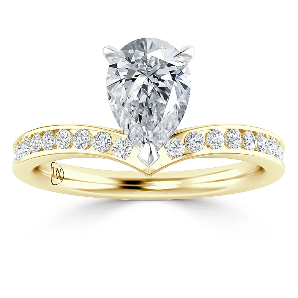 A pear-shaped diamond ring with a gold band featuring small round diamonds set along the band.