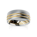 Wide silver ring with two parallel gold bands encircling the middle, shown on a white background.