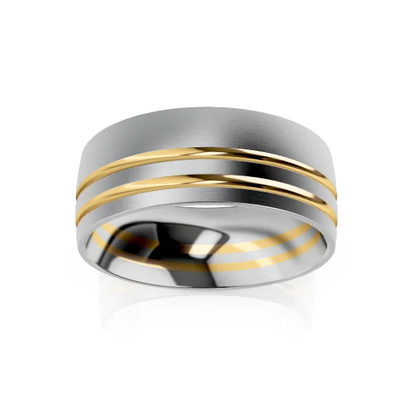 Wide silver ring with two parallel gold bands encircling the middle, shown on a white background.